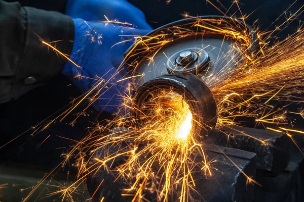 Close Sides Fly Bright Sparks Angle Grinder Machine Young Male — Stock Photo, Image