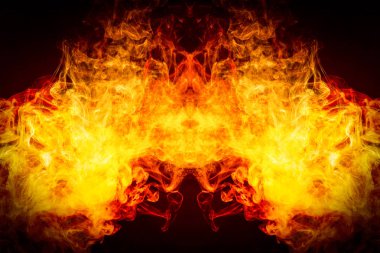 Bir kafatası, canavar, siyah izole arka plan üzerinde ejderha şeklinde turuncu ve sarı Kalın renkli duman. Vape dumanından arka plan. Serin t-shirt için Mocap