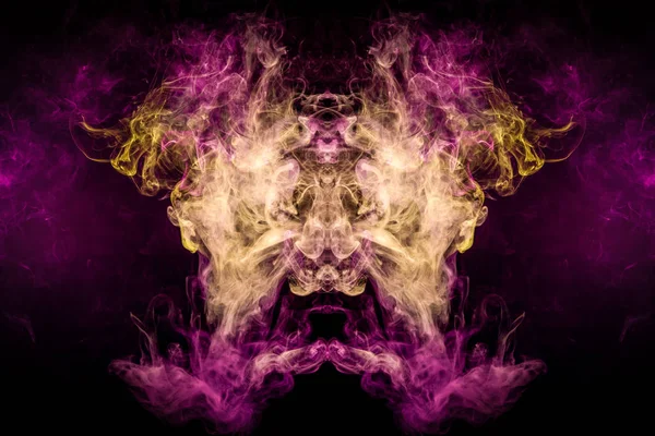 Mocap for cool t-shirts. Thick colorful yellow and pink smoke  in the form of a monster on a black isolated background. Background from the smoke of vape
