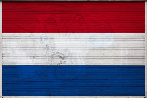 Close Parede Metal Antigo Com Bandeira Nacional Holanda Conceito Exportação — Fotografia de Stock