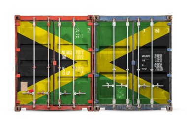 Jamaika ihracat-ithalat ve malların ulusal teslimat kavramı. Beyaz izole arka plan üzerinde Jamaika ulusal bayrağı ile konteyner yakın çekim.