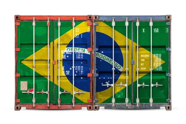 ブラジルの輸出入と商品の国内配送の概念 白い孤立した背景にブラジルの国旗を持つコンテナのクローズアップ — ストック写真