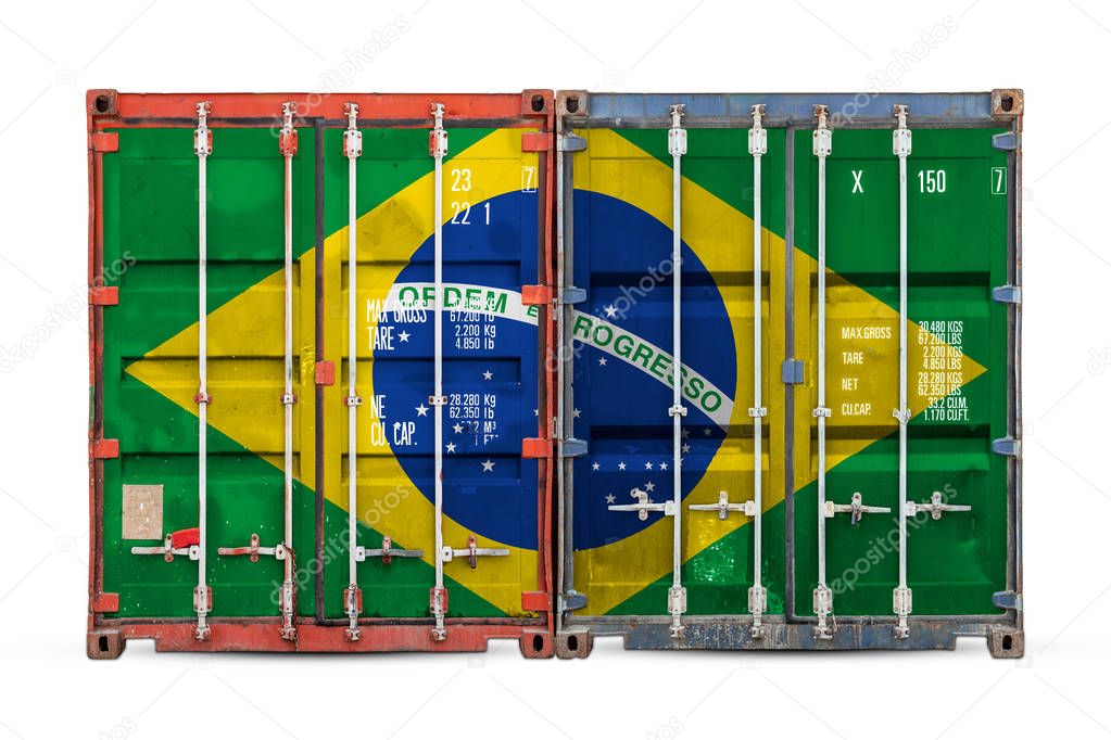 The concept of Brazil  export-import and national delivery of goods. Close-up of the container with the national flag of Brazil on white isolated background.