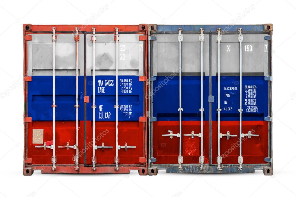 The concept of Russia  export-import and national delivery of goods. Close-up of the container with the national flag of Russia on white isolated background.