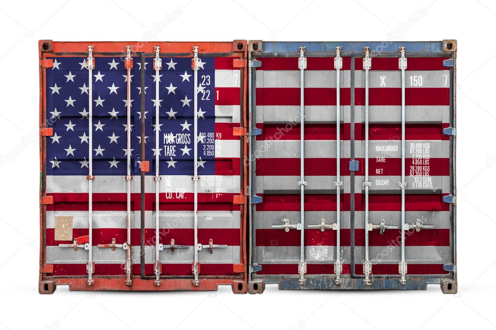 The concept of USA export-import and national delivery of goods. Close-up of the container with the national flag of USA on white isolated background.