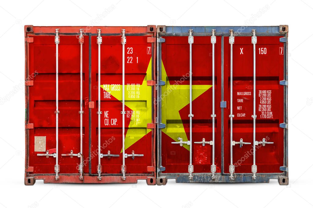 The concept of Vietnam  export-import and national delivery of goods. Close-up of the container with the national flag of Vietnam on white isolated background.