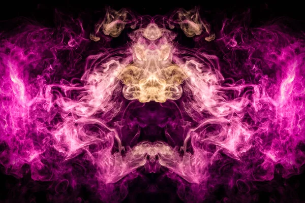 Mocap for cool t-shirts. Thick colorful yellow and pink smoke  in the form of a monster on a black isolated background. Background from the smoke of vape