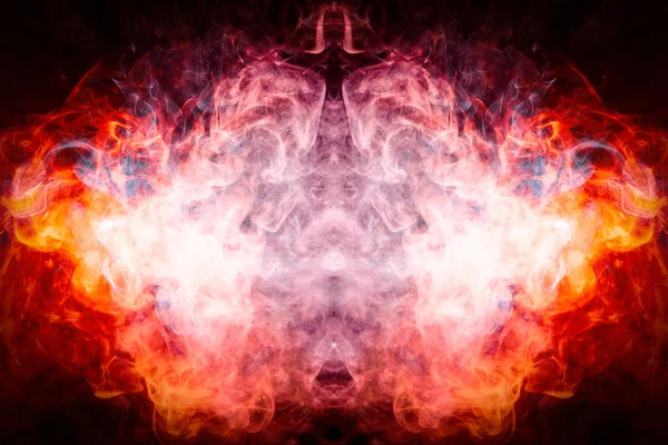 Cloud of red and blue smoke  in the form of a skull, monster, dragon  on a black isolated background. Background from the smoke of vape. Mocap for cool t-shirt