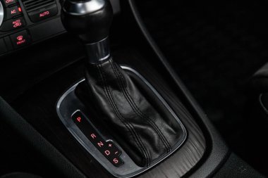 Novosibirsk, Russia - May 10, 2019:  Audi Q3, close-up of the accelerator handle and buttons. Photography of a modern car on a parking in Novosibirs