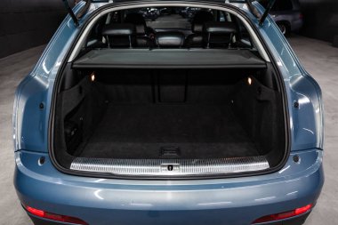 Novosibirsk, Russia - May 10, 2019:  Audi Q3,close-up of the luggage boot, front view. Photography of a modern car on a parking in Novosibirs