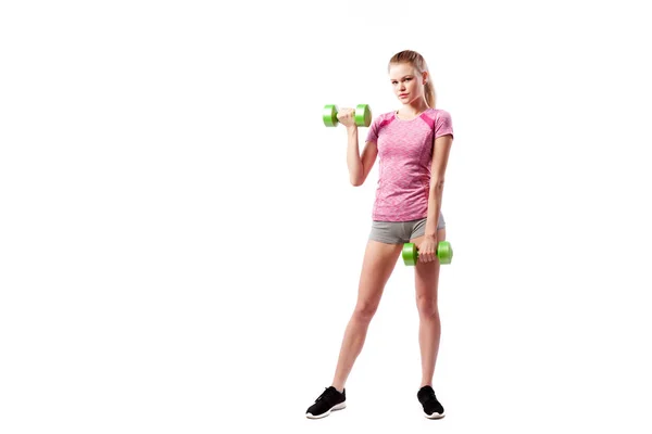 Young Sportive Woman Fitness Model Blonde Doing Exercise Dumbbell Biceps — 스톡 사진