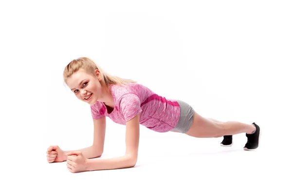 Young Woman Sports Clothes Smilling Possing Standing Arms Plank Position — Stock Photo, Image