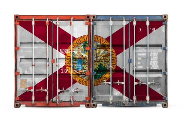Close-up of the container with the national flag of Florida state. The concept of  Florida state  export-import and national delivery of goods.
