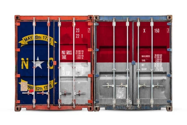 Close-up of the container with the national flag of North Carolina state. The concept of  North Carolina state  export-import and national delivery of goods.