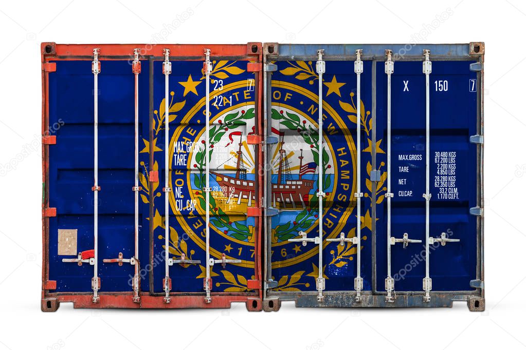 Close-up of the container with the national flag of New Hampshire state. The concept of  New Hampshire state  export-import and national delivery of goods.
