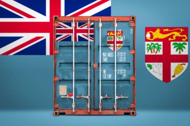  Fiji ihracat-ithalat, konteyner taşıma ve malların ulusal teslimat kavramı. Fiji ulusal bayrağı ile taşıma konteyner, ön görüntülemek