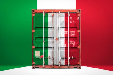  İtalya ihracat-ithalat, konteyner taşıma ve malların ulusal teslimat kavramı. İtalya ulusal bayrağı ile taşıma konteyner, ön görüntülemek