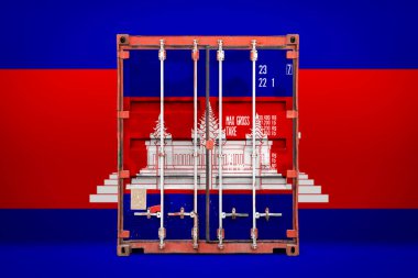  Kamboçya ihracat-ithalat, konteyner taşıma ve malların ulusal teslimat kavramı. Kamboçya ulusal bayrağı ile taşıma konteyner, ön görüntülemek