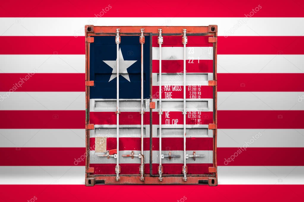  The concept of  Liberia export-import, container transporting and national delivery of goods. The transporting container with the national flag of Liberia, view front
