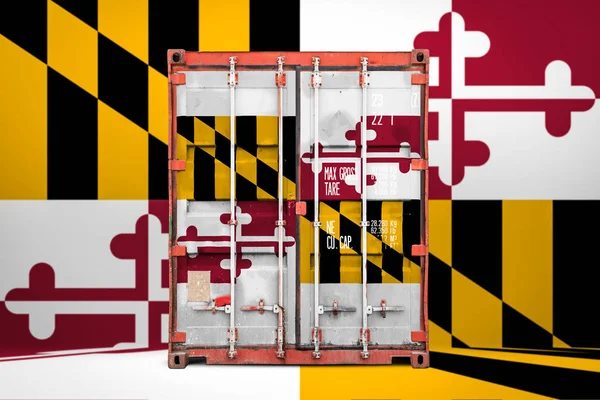 Close-up of the container with the national flag of Maryland state. The concept of  Maryland state  export-import and national delivery of goods.