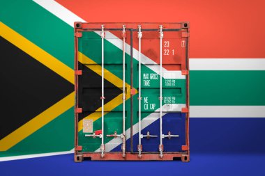  The concept of  South African Republic export-import, container transporting and national delivery of goods. The transporting container with the national flag of South African Republic, view front clipart