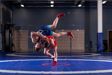 Mavi ve Kırmızı tayt güreş iki genç erkek wrestlng ve halı spor salonunda güreş bir sarı bir kalça yapma vardır. Adil güreş kavramı