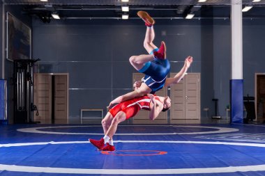 Mavi ve kırmızı güreş tayt iki genç adam wrestlng ve spor salonunda sarı güreş halı üzerinde bir suplex güreş yapıyor. Adil güreş kavramı