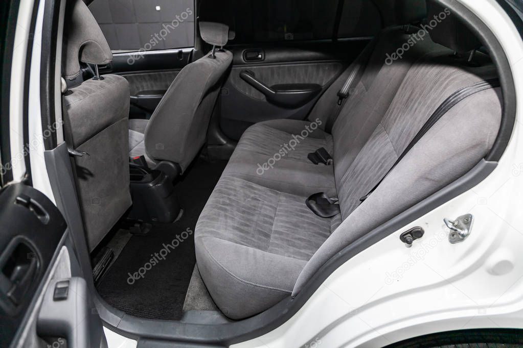 Novosibirsk, Russia - May 28, 2019:  Honda Civic, close-up of the gray  rear seats. Photography of a modern car on a parking in Novosibirs