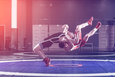 Adil güreş kavramı. Spor salonunda güreş halısında kırmızı ve mavi üniformalı iki greko-romen güreşçi güreş. Adil güreş kavramı