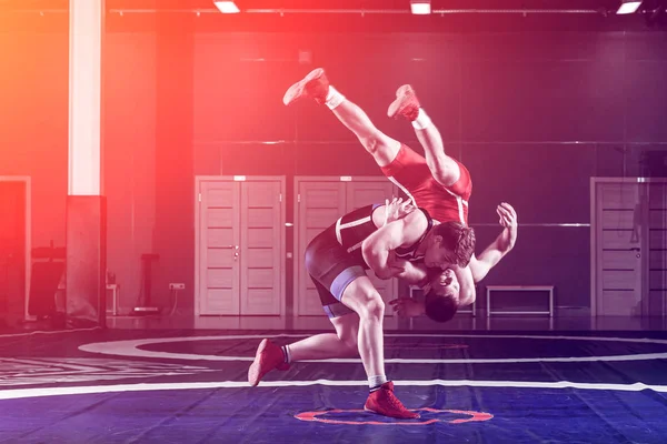 Mavi Kırmızı Tayt Güreş Iki Genç Erkek Wrestlng Halı Spor — Stok fotoğraf
