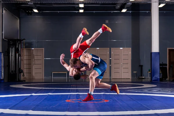Mavi ve Kırmızı tayt güreş iki genç erkek wrestlng ve halı spor salonunda güreş bir sarı bir kalça yapma vardır. Adil güreş kavramı