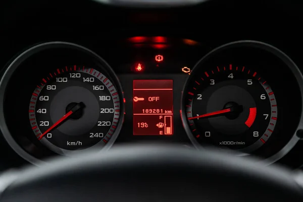 Novosibirsk Russia May 2019 Mitsubishi Lancer Close Dashboard Speedometer Tachometer — Stock Photo, Image
