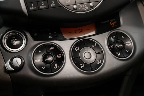Close Car Black Interior Dasboard Clock Start Engine Buttons Adjustment — Stock Photo, Image