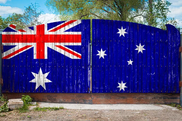Primer Plano Bandera Nacional Australia Una Puerta Madera Entrada Del —  Fotos de Stock