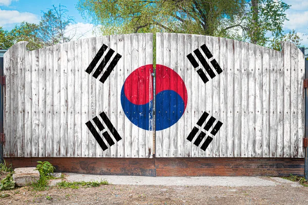 Close National Flag South Korea Wooden Gate Entrance Closed Territory — Stock Photo, Image