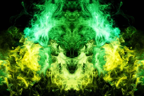 Dichter Bunter Rauch Aus Grün Und Gelb Form Eines Totenkopfes — Stockfoto