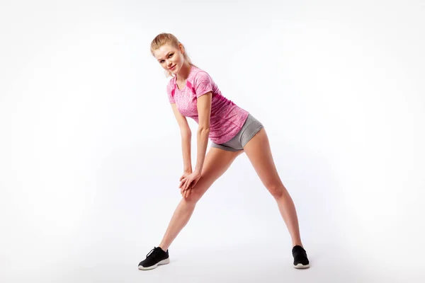 Sport Oefeningen Witte Achtergrond Fitness Concept Een Jonge Vrouw Comfortabele — Stockfoto