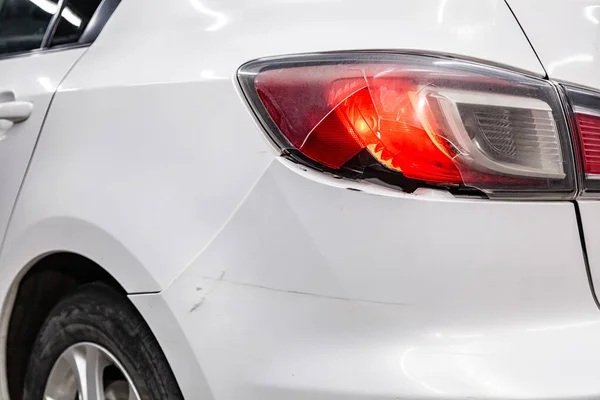 White Sedan Sporty Modern Design Shines Headlamp Close Concept Expensive — Stock Photo, Image