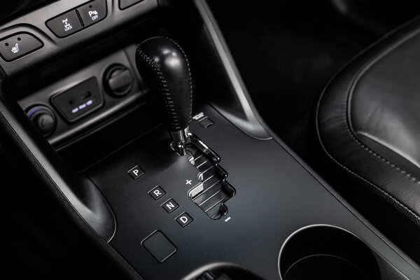 Close-up of the accelerator handle .  automatic transmission gear of car , car interior 