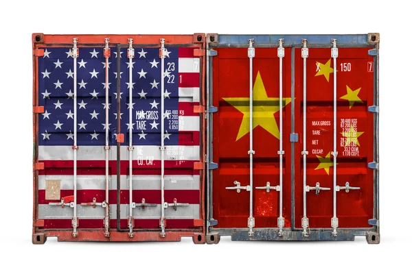 The concept of  USA and China export-import, container transporting and national delivery of goods. The transporting container with the national flag of USA and China, view front. Competition between countries