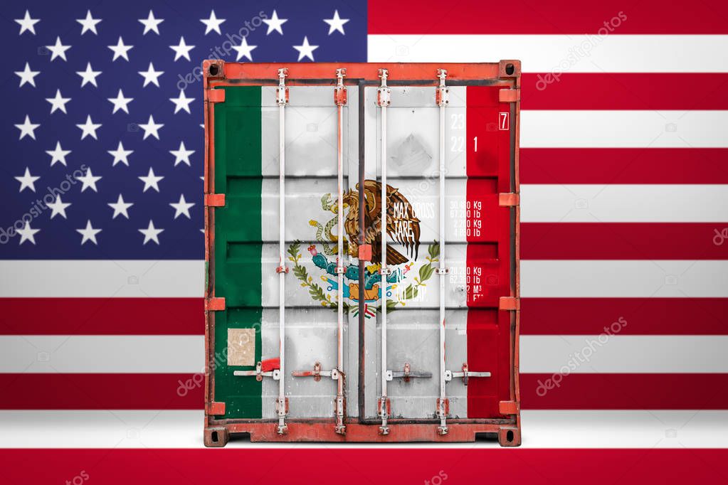  The concept of  USA and Mexico export-import, container transporting and national delivery of goods. The transporting container with the national flag of USA and Mexico, view front. Competition between countries