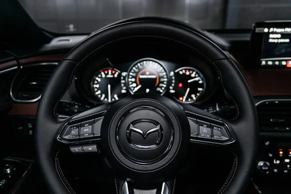 Novosibirsk Russia June 2019 Mazda Close Dashboard Speedometer Tachometer Steering — Stock Photo, Image