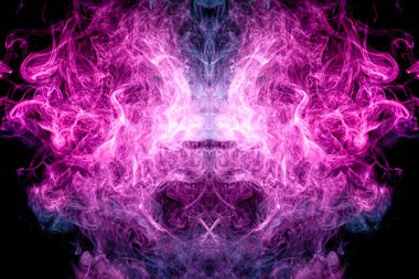 Siyah izole arka planda bir kafatası, canavar, ejderha şeklinde siyah izole arka plan duman pembe ve mavi bulutu. Soyut pembe ve mavi duman arka plan, Dikişsiz Textur