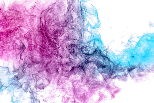 PInk and blue cloud of smoke of  white isolated background. Background from the smoke of vap