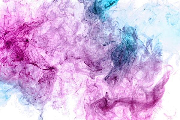 Colorful pink and blue smoke  on a white isolated background. Background from the smoke of vap