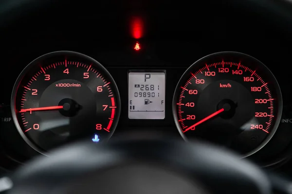 Novosibirsk Russia July 2019 Subaru Impreza Close Dashboard Speedometer Tachometer — Stock Photo, Image