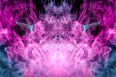 Güzel t-shirt için MoCap. Siyah izole arka planda bir canavar şeklinde kalın renkli mavi ve pembe duman. Soyut duman arka plan resim geometri.