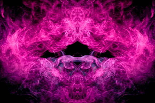 蓬松的泡泡蓝色和粉红色的烟雾和雾的形式 一个头骨 黑色背景上的龙 平衡图案艺术 黑烟黑烟在黑色后沟 — 图库照片