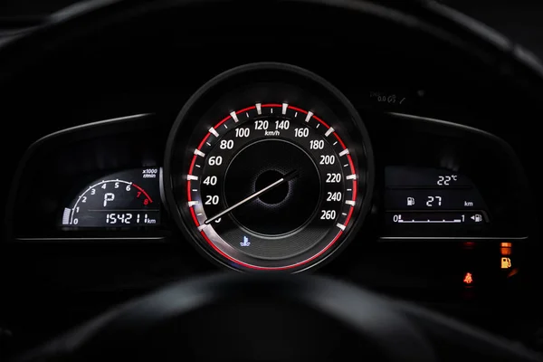 Novosibirsk Russia July 2019 Mazda Close Dashboard Speedometer Tachometer White — Stock Photo, Image
