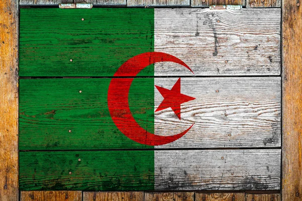Algéria Nemzeti Zászlaja Fából Készült Falháttér Koncepció Nemzeti Büszkeség Ország — Stock Fotó